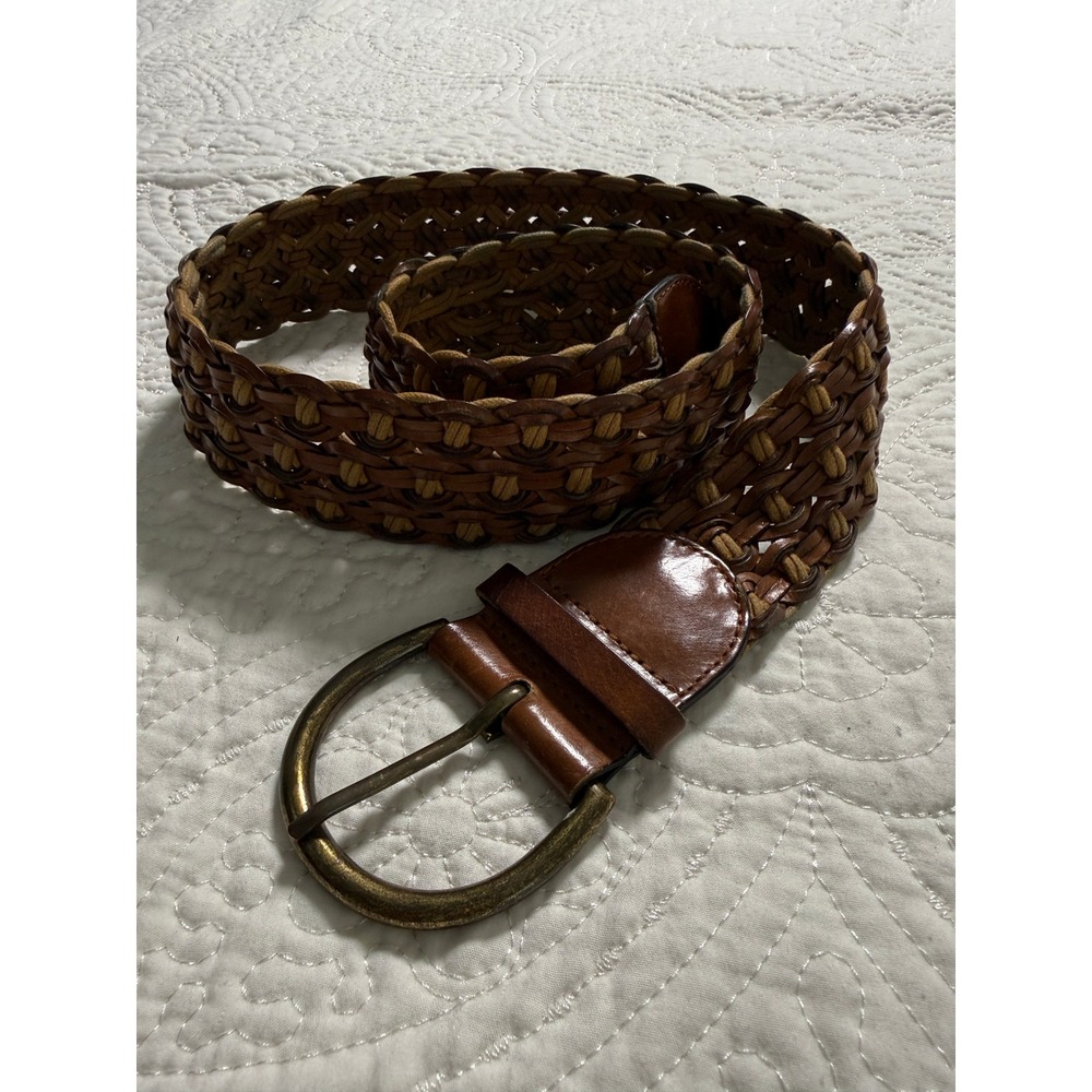 Ann Taylor LOFT Braided Leather Belt Womens Small Brown Woven Antique Brass 40"
